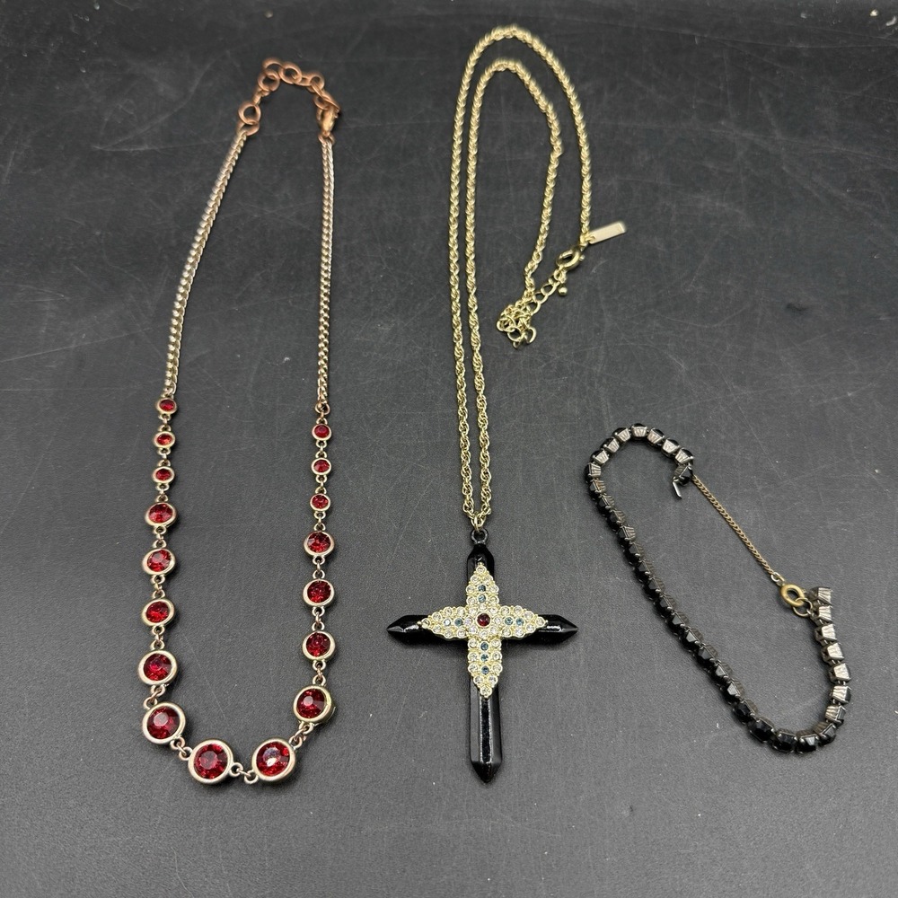 Costume Jewelry Lot, Y2K Rhinestones Cross Goth Punk Chocker Necklaces Black Red